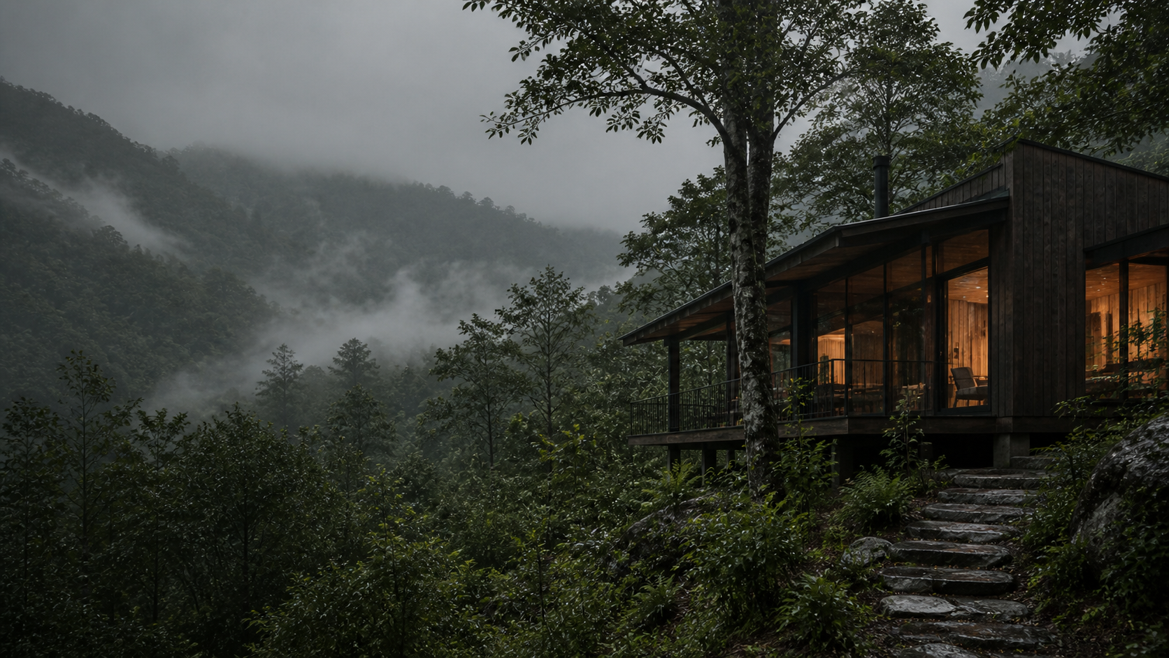 Casa contemporánea de madera integrada en un bosque lluvioso