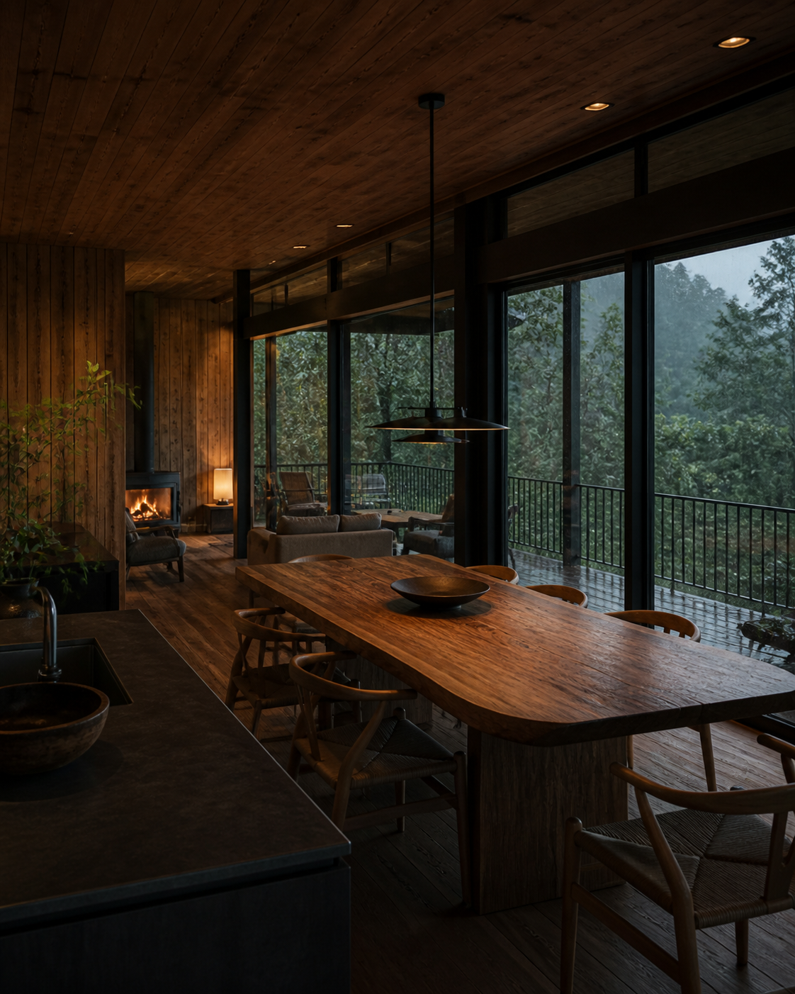 Interior cálido en madera con vista al bosque