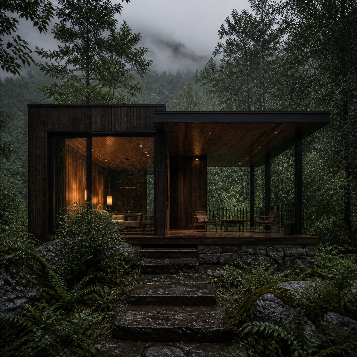 Pabellón de madera y piedra en el bosque austral