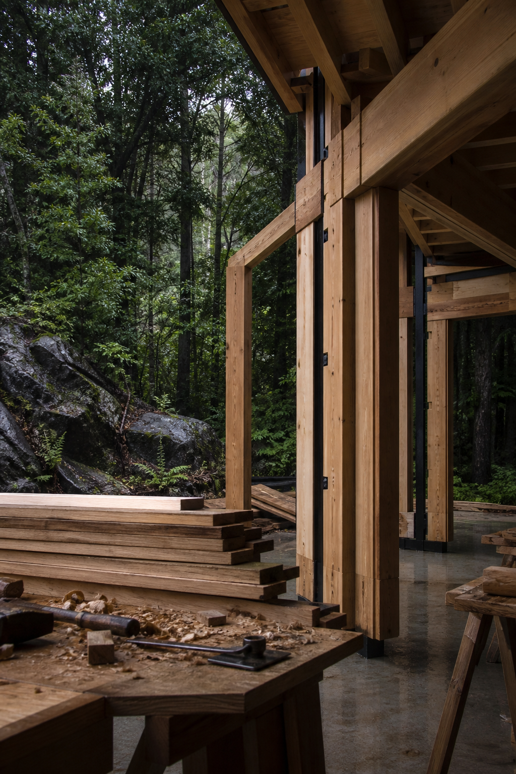 Estructura de madera en construcción entre el bosque nativo