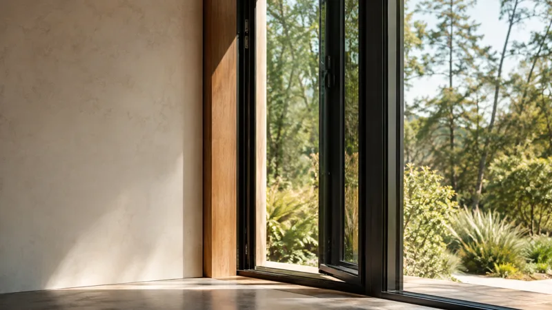 Detalle conceptual de ventana termopanel con marco oscuro y vista al jardín